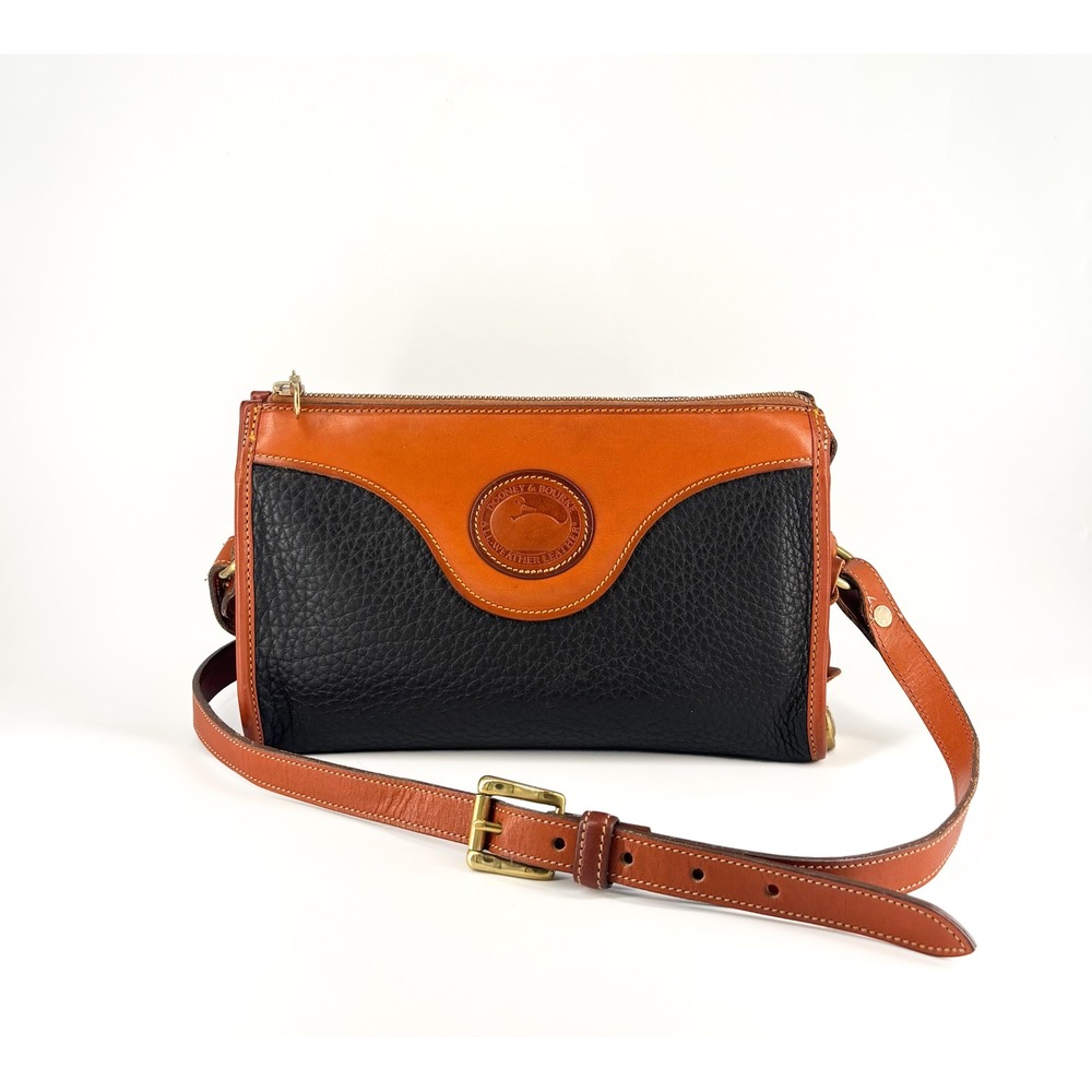 Vintage Dooney and Bourke Zip Top Crossbody | Black Pebbled Leather w/ Tan Trim